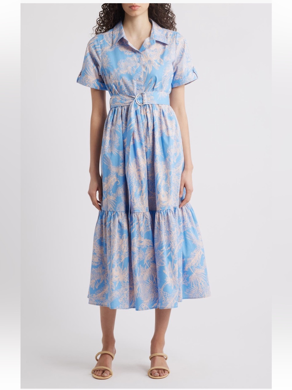 1.State Blue Floral Print Belted Maxi Cotton Shirt Dress Size Large NWT